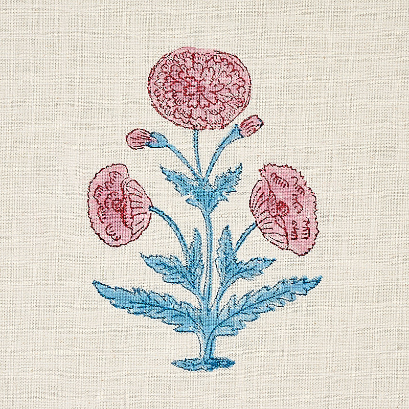 Schumacher Poppy Hand Block Print Fabric 179840 / Rose & Sky