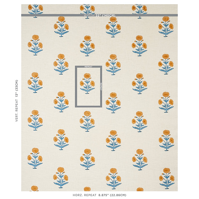 Schumacher Poppy Hand Block Print Mustard & Sky | Fabric