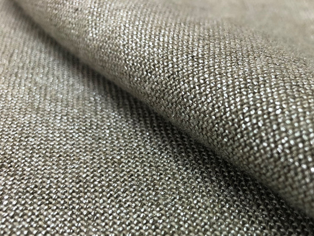 Designer Taupe Neutral Silver Metallic Glazed Beige Linen MCM Mid Century Modern Upholstery Drapery Fabric