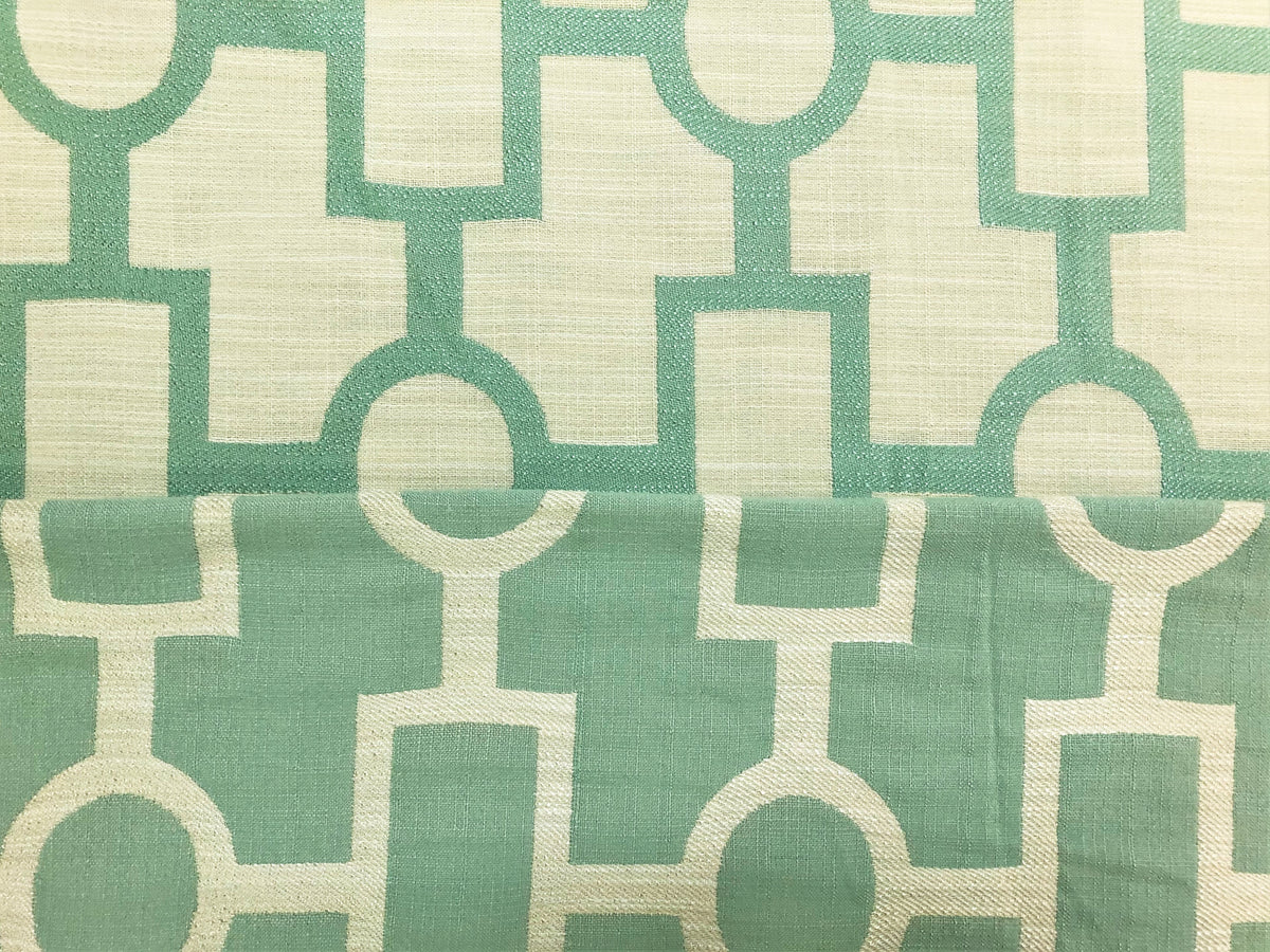 Designer Water & 2024 Stain Resistant Geometric Trellis Asian Aqua Blue Cream Upholstery Fabric STA1470