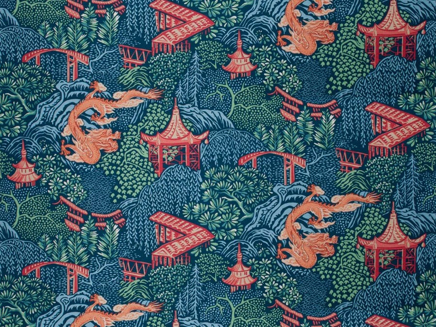 Cotton Linen Rayon buy Chinoiserie Navy Blue Red Green Dragon Pagoda Upholstery Drapery Fabric