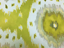 Load image into Gallery viewer, Richloom Alhambra Citrus Water &amp; Stain Resistant Chartreuse Green Cream Silver Taupe Ikat Cotton Twill Upholstery Drapery Fabric