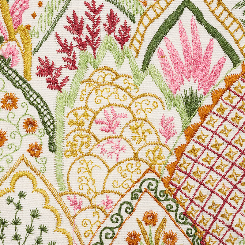 SCHUMACHER ALBIZIA EMBROIDERY FABRIC / PINK & LEAF