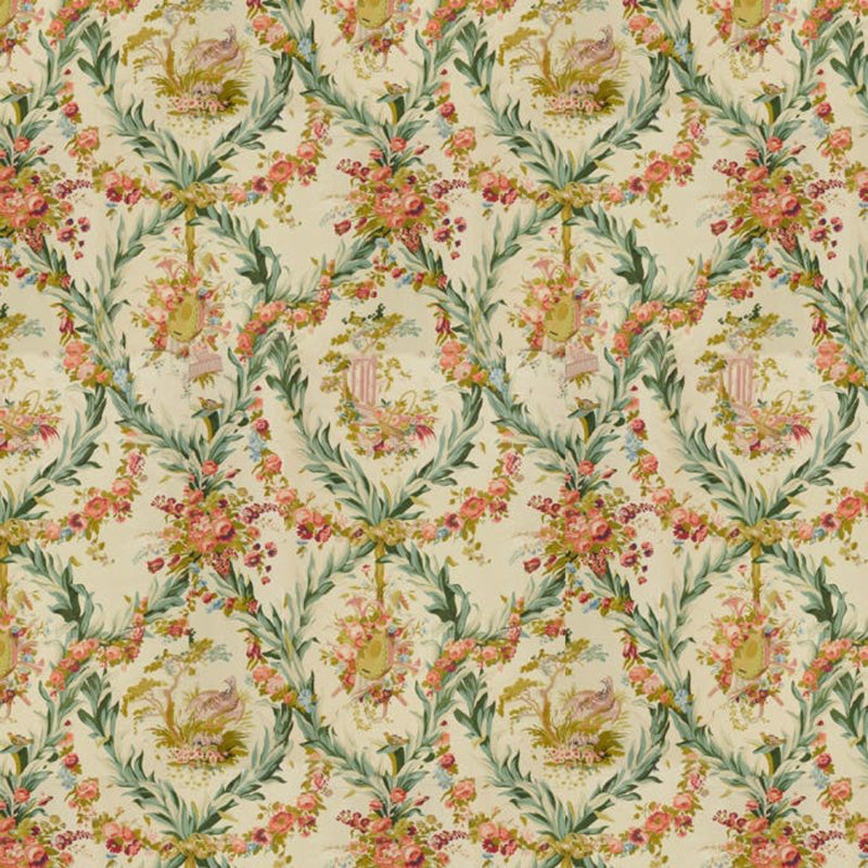 Brunschwig & Fils Fontainebleau Glazed Chintz Fabric / Red Green And Gold On Cream