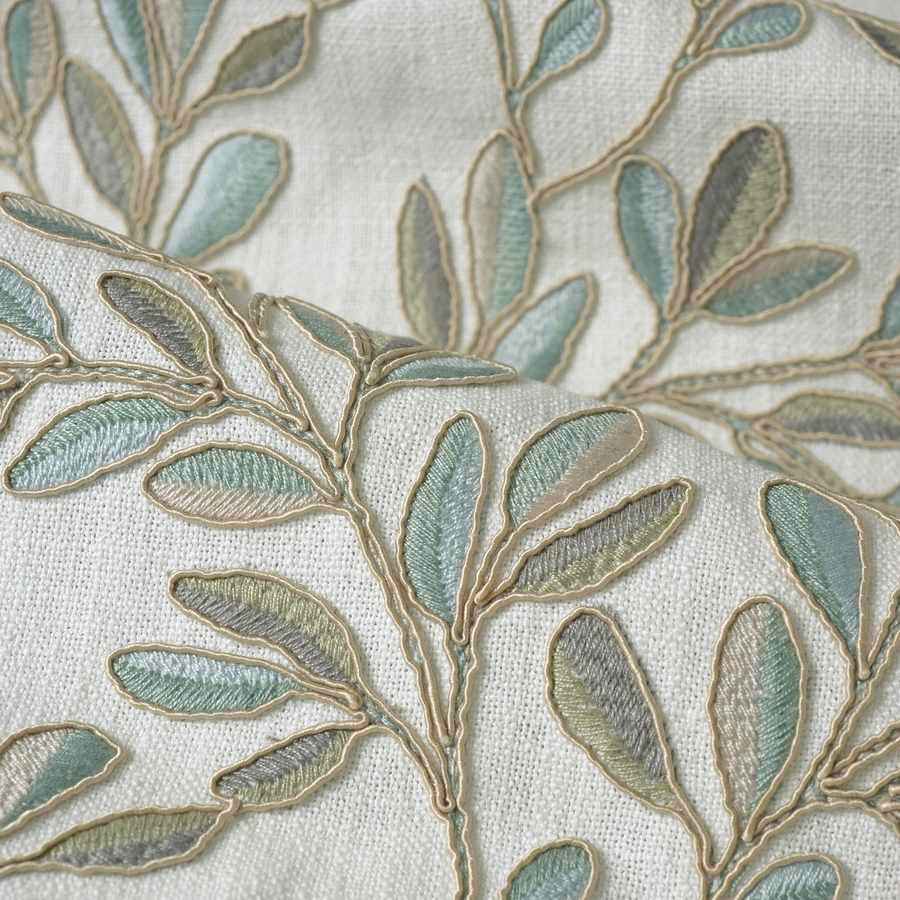 Seafoam Green Taupe Cream Botanical Embroidered Drapery Fabric FB