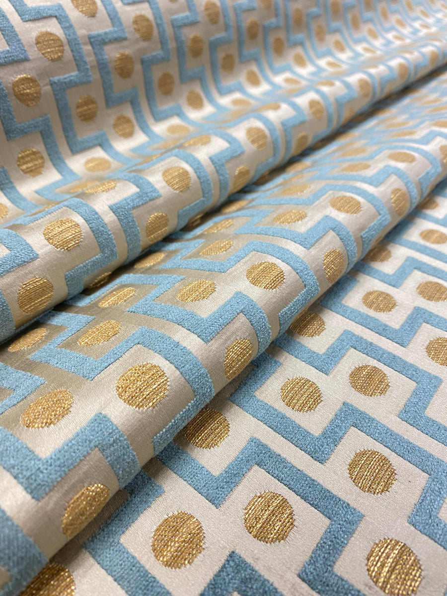 Regency Style Sky Blue and Butter Yellow Gold Vertical Stripe with Jacquard  Herringbone Accent Extraordinary Silk Fabric Drapery Fabric. HD752