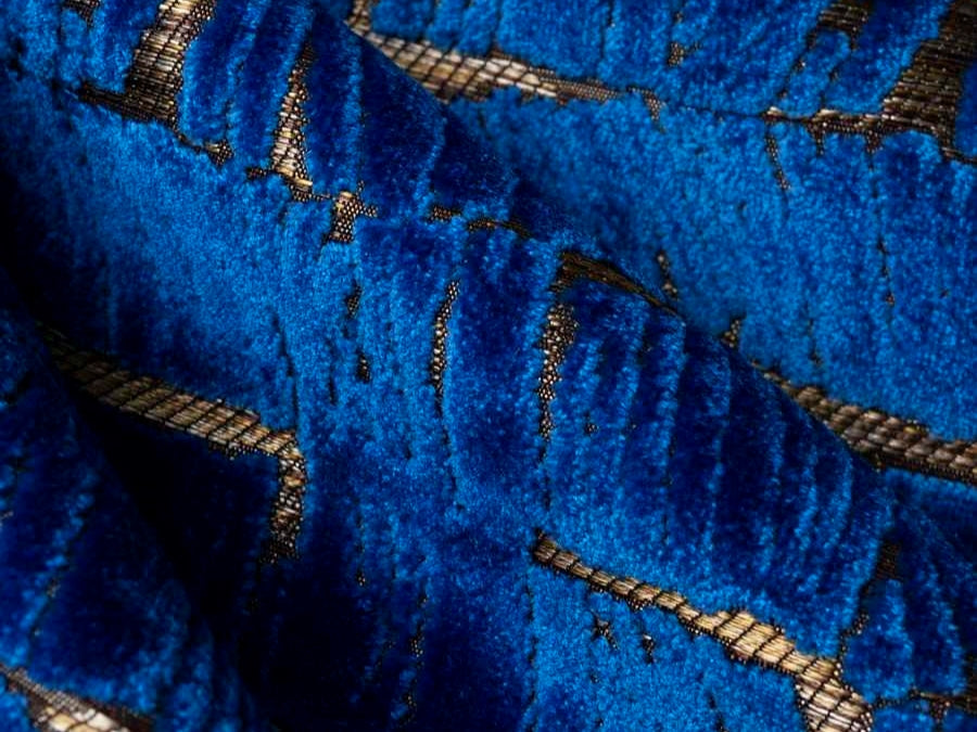 Designer Heavy Duty Royal Blue Bronze Gold Abstract Cut Velvet Upholstery  Fabric
