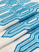 Load image into Gallery viewer, One Yard Remnant Thibaut Nola Stripe Embroidery Aqua Teal Fabric STA 4592