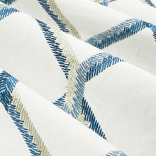 Load image into Gallery viewer, Cotton Navy Blue Aqua Taupe Embroidered Geometric Drapery Fabric FB
