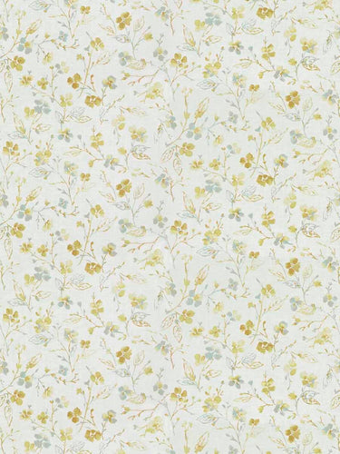 Linen Rayon Cream Mustard Yellow Blue Grey Floral Drapery Fabric FB