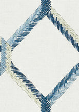 Load image into Gallery viewer, Cotton Navy Blue Aqua Taupe Embroidered Geometric Drapery Fabric FB