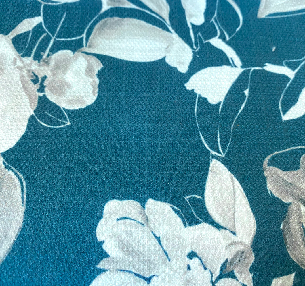 Teal White Grey Floral Upholstery Drapery Fabric