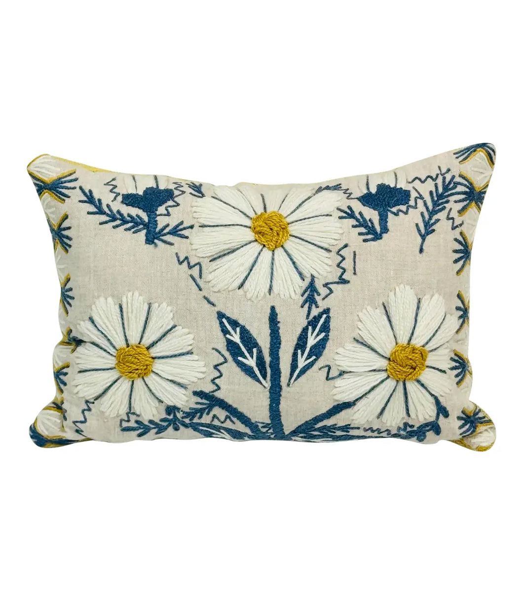 9” X 16” Schumacher Marguerite Embroidery Blue & Ochre Lumbar Pillow Cover