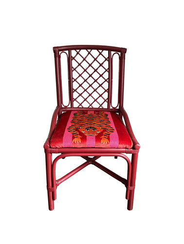 Red Rattan Chair in Schumacher’s Jokhang Tiger Velvet in Pink & Red