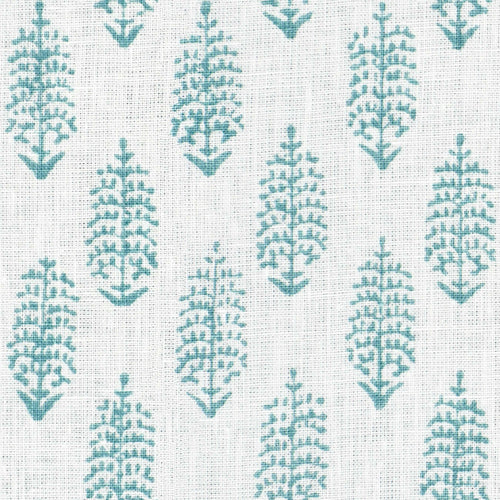 Cream Teal Aqua Blue Small Print Botanical Linen Drapery Fabric FB