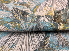 Load image into Gallery viewer, Designer Water Stain Resistant Lime Green Grey Aqua Blue Beige Tropical Botanical Upholstery Fabric