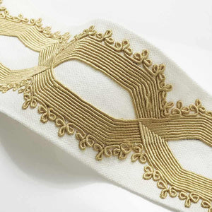 3.25" Off White Mustard Gold Embroidered Geometric Drapery Tape Trim