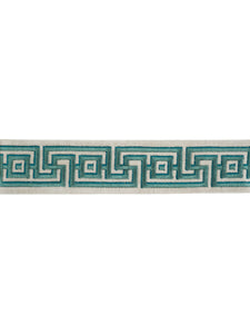 2" Ivory Teal Blue Green Embroidered Geometric Drapery Tape Trim