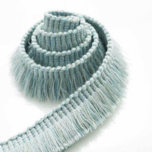 Load image into Gallery viewer, 1.25" Wide Linen Wool Blend Aqua Blue Brush Upholstery Fringe Trim