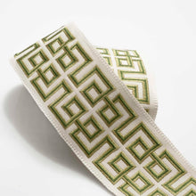 Load image into Gallery viewer, 2.75" Wide White Green Beige Greek Key Geometric Embroidered Drapery Tape Trim