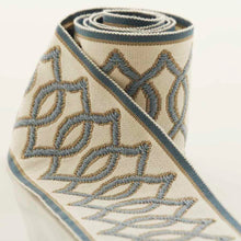 Load image into Gallery viewer, 2.75" Wide Off White Aqua Blue Silver Grey Geometric Drapery Tape Trim
