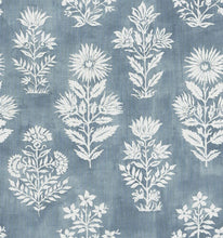 Load image into Gallery viewer, Cotton Viscose Linen Chambray Blue White Floral Upholstery Drapery Fabric