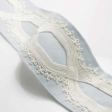 Load image into Gallery viewer, 3.25" Spa Blue Off White Embroidered Geometric Drapery Tape Trim