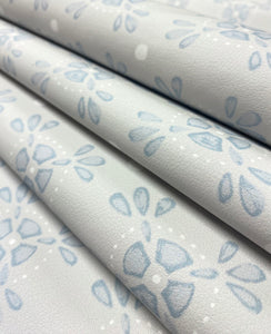 Designer Grey Blue White Floral Faux Leather Upholstery Vinyl WHS 5088