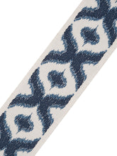 Load image into Gallery viewer, 2.5&quot; Wide Ivory Indigo Navy Blue Ikat Geometric Linen Blend Drapery Tape Trim