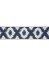 Load image into Gallery viewer, 2.5&quot; Wide Ivory Indigo Navy Blue Ikat Geometric Linen Blend Drapery Tape Trim