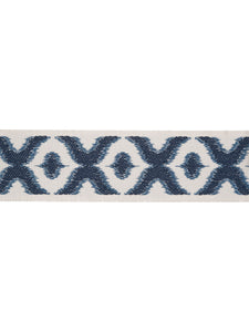 2.5" Wide Ivory Indigo Navy Blue Ikat Geometric Linen Blend Drapery Tape Trim