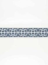 Load image into Gallery viewer, 2.5&quot; Wide Linen Viscose White Navy Blue Greek Key Geometric Embroidered Drapery Tape Trim