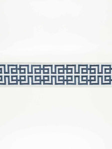 2.5" Wide Linen Viscose White Navy Blue Greek Key Geometric Embroidered Drapery Tape Trim