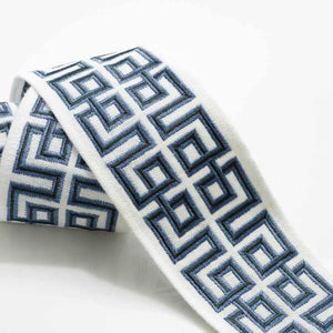 2.5" Wide Linen Viscose White Navy Blue Greek Key Geometric Embroidered Drapery Tape Trim