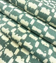 Load image into Gallery viewer, Designer Stain Resistant Green Cream Geometric Abstract Linen Upholstery Fabric STA 5084