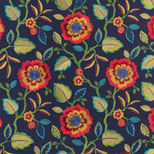 Load image into Gallery viewer, Navy Blue Green Red Yellow Embroidered Floral Drapery Fabric