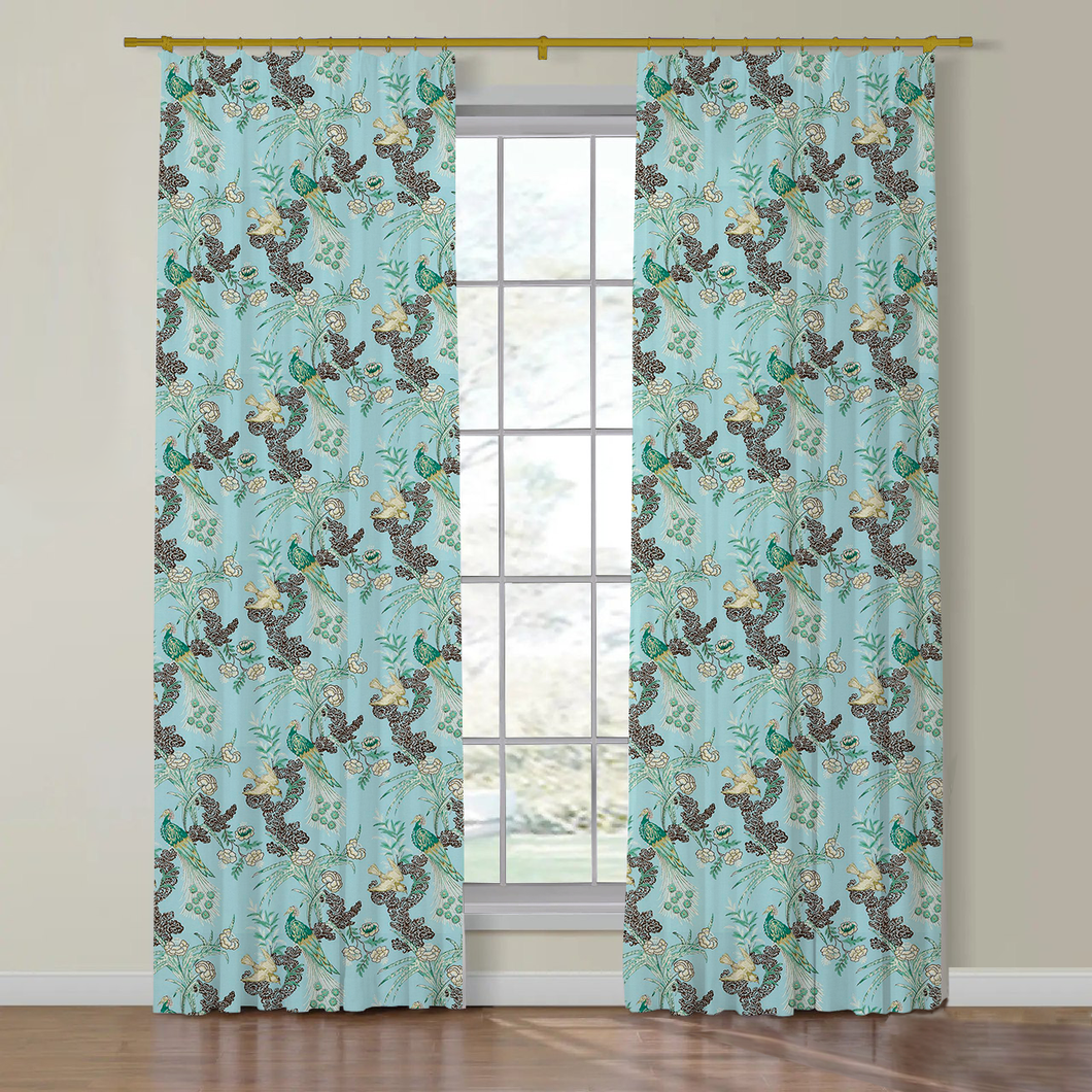 Set of Two Made to Order Schumacher Peacock Side Drapery Panels