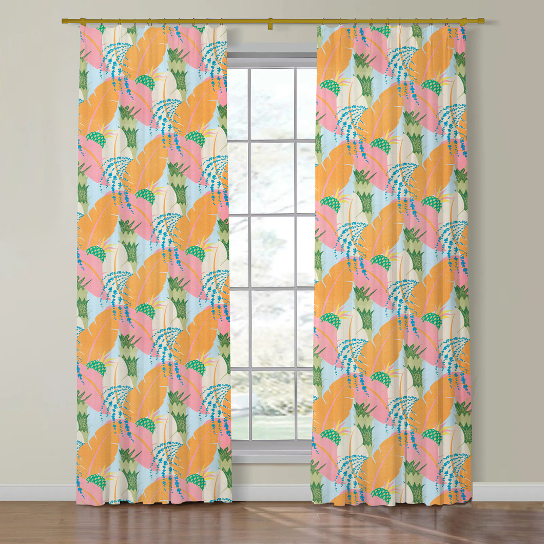 Set of Two Made to Order Schumacher Ananas Side Drapery Panels