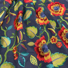 Load image into Gallery viewer, Navy Blue Green Red Yellow Embroidered Floral Drapery Fabric