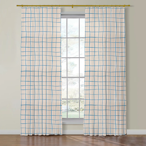 Set of Two Made to Order Schumacher Painterly Windowpane Side Drapery Panel