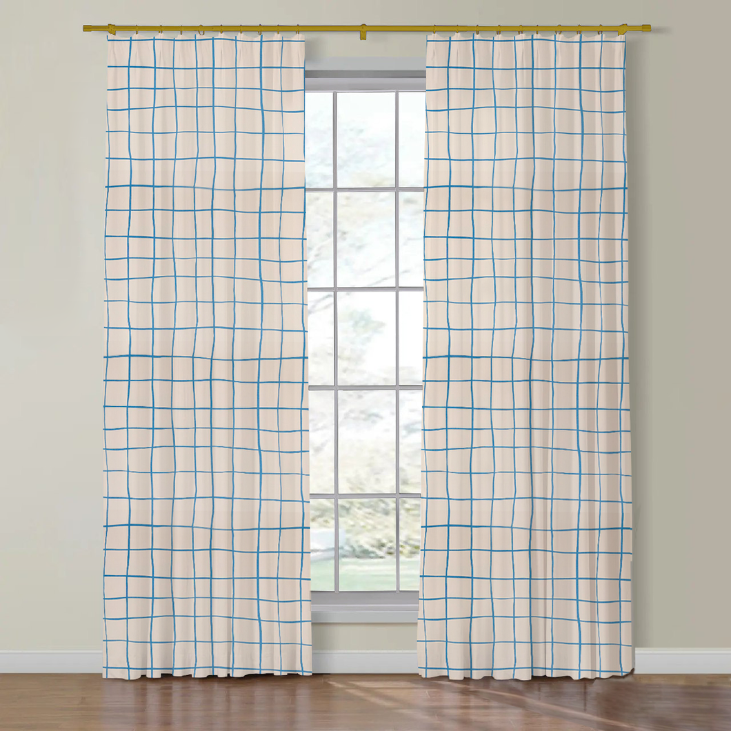 Set of Two Made to Order Schumacher Painterly Windowpane Side Drapery Panel