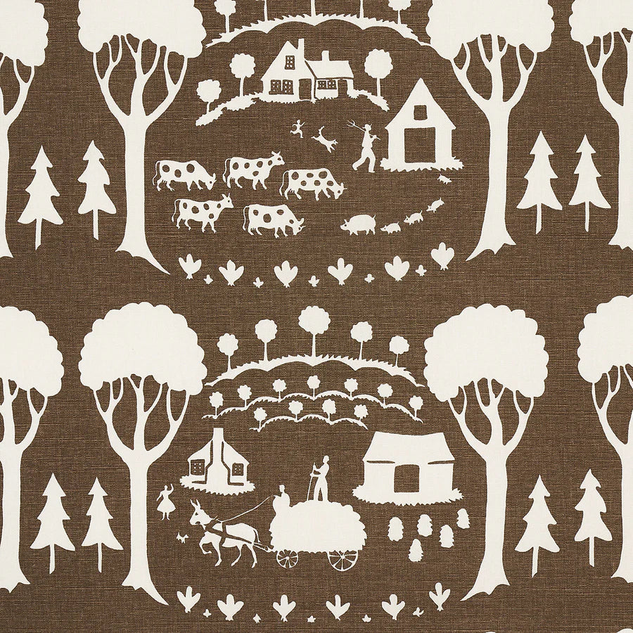 Schumacher Farm Scene Fabric 180881 / Brown
