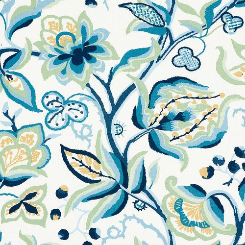 Schumacher Alexandra Vine Linen Fabric 180970 / Navy & Leaf