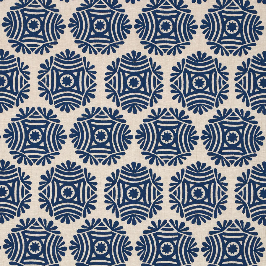 Schumacher Gilded Star Block Print Fabric 181541 / Navy On Natural