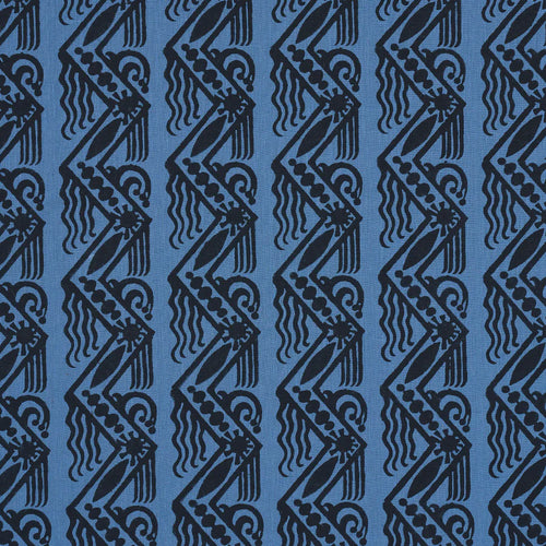 Schumacher Venetian Zig Zag Block Print Fabric 181561 / Black On Blue