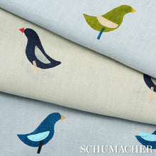 Load image into Gallery viewer, Schumacher Birds Hand Block Print Fabric 182381 / Green On Sky