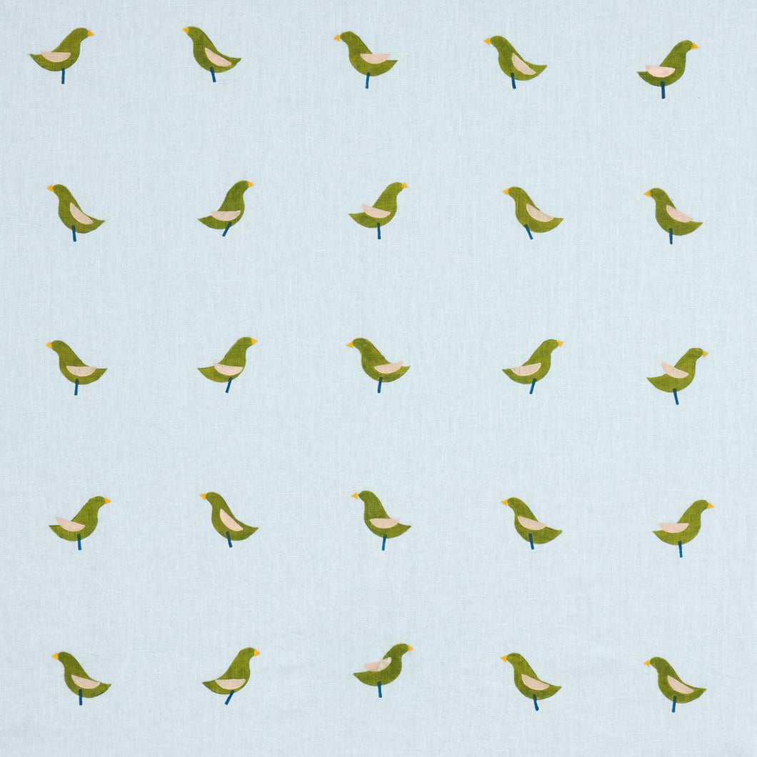 Schumacher Birds Hand Block Print Fabric Green On Sky | Fabric