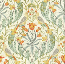 Load image into Gallery viewer, Linen Viscose Cream Orange Teal Green Mustard Grey Bird Floral Upholstery Drapery Fabric