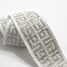 Load image into Gallery viewer, 2.5&quot; Wide Linen Viscose White Grey Greek Key Geometric Embroidered Drapery Tape Trim