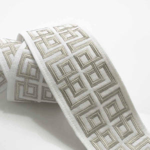 2.5" Wide Linen Viscose White Grey Greek Key Geometric Embroidered Drapery Tape Trim